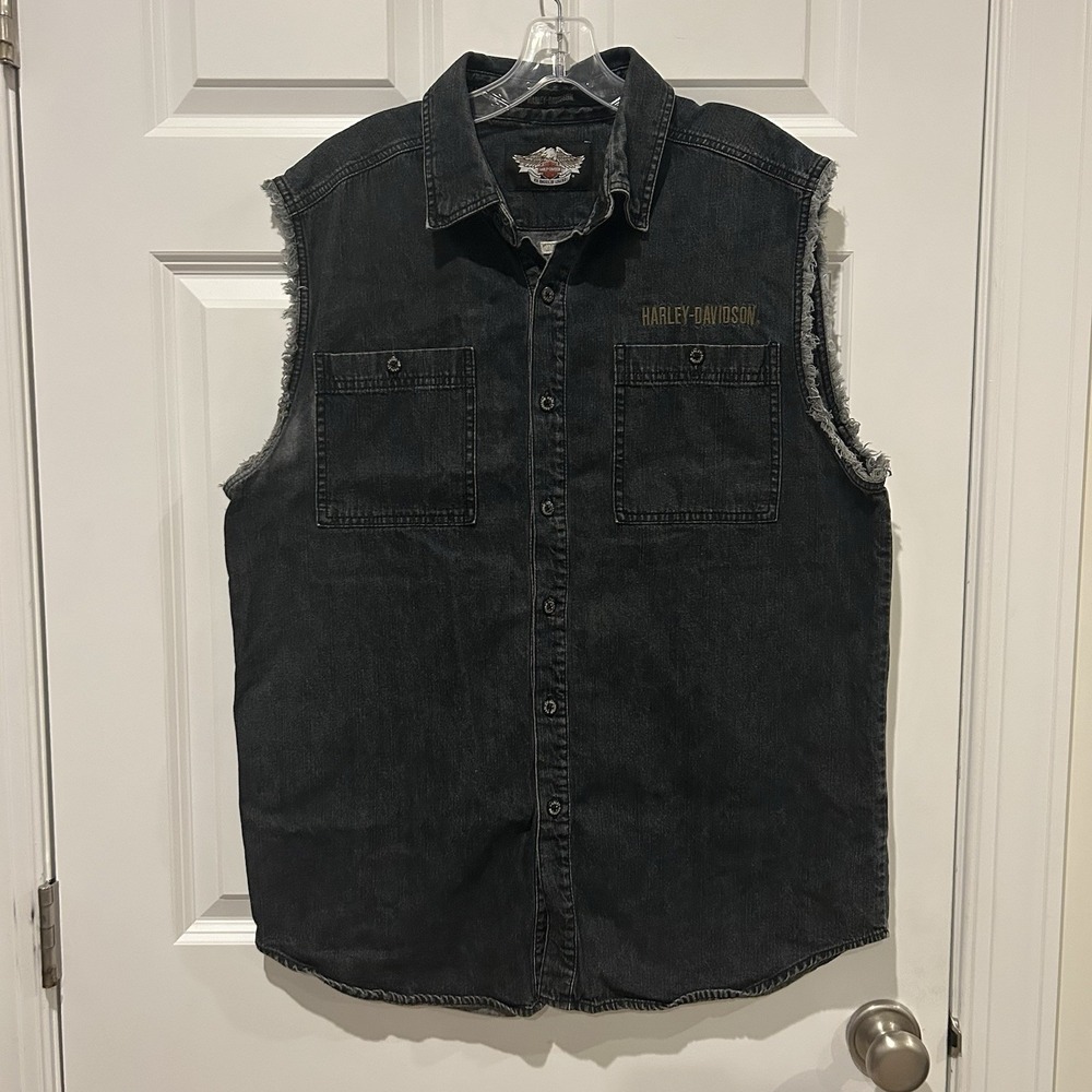 Vtg 90s Harley Davidson Men XL Black Denim Frayed Sleeveless Blowout Button Vest